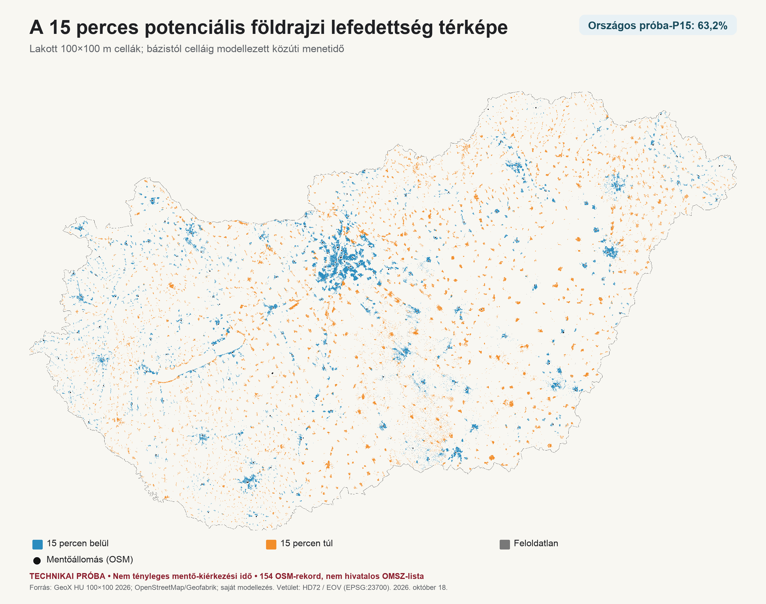 A 100×100 méteres cellák P15-lefedettségének QGIS-áttekintő térképe